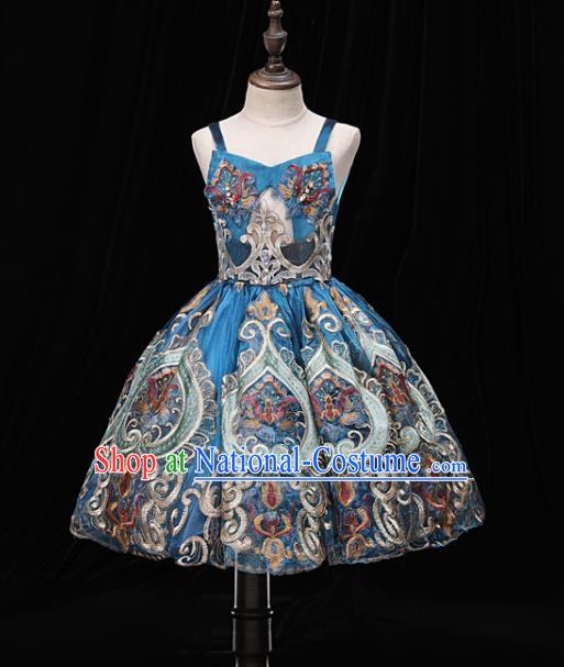 Top Children Stage Show Formal Clothing Girl Catwalks Baroque Blue Evening Dress Christmas Princess Fashion Garment