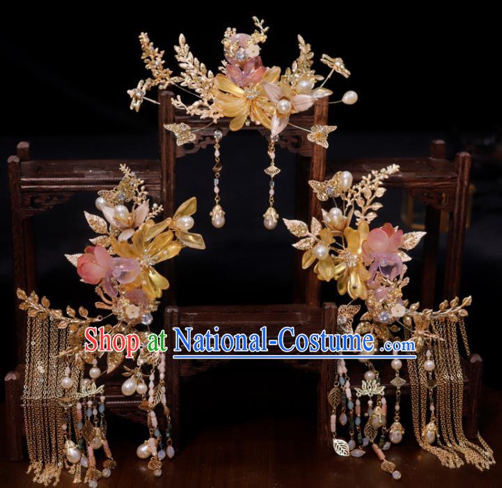 Chinese Classical Wedding Hair Accessories Ancient Bride Hair Crown and Tassel Hairpins Xiuhe Suits Headdress Handmade Headwear