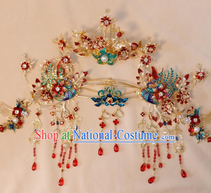 Chinese Classical Wedding Hair Accessories Xiuhe Suits Headpieces Handmade Headdress Ancient Bride Blueing Phoenix Hairpins and Hair Comb