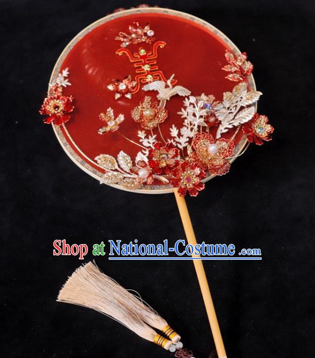 Handmade China Wedding Fan Ancient Bride Circular Fan Traditional Red Silk Fan Classical Dance Palace Fan