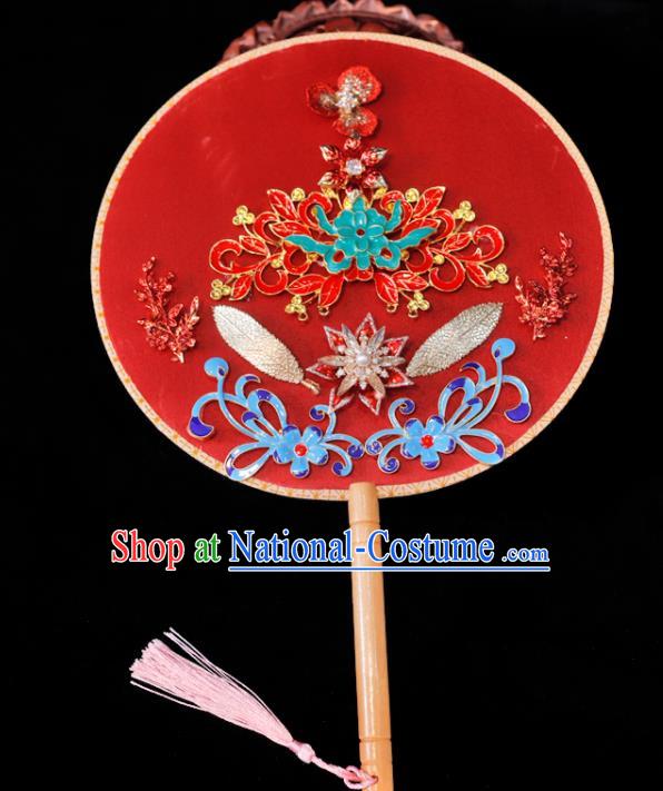 Handmade China Classical Dance Palace Fan Wedding Fan Ancient Bride Circular Fan Traditional Red Silk Fan