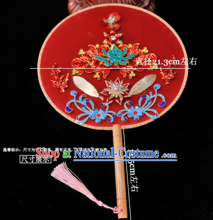 Handmade China Classical Dance Palace Fan Wedding Fan Ancient Bride Circular Fan Traditional Red Silk Fan