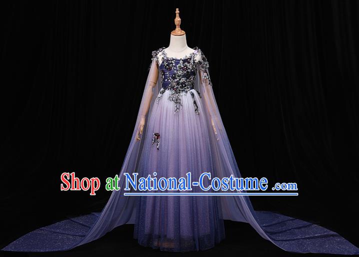 Top Christmas Princess Fashion Garment Children Stage Show Formal Clothing Girl Catwalks Purple Cape Evening Dress