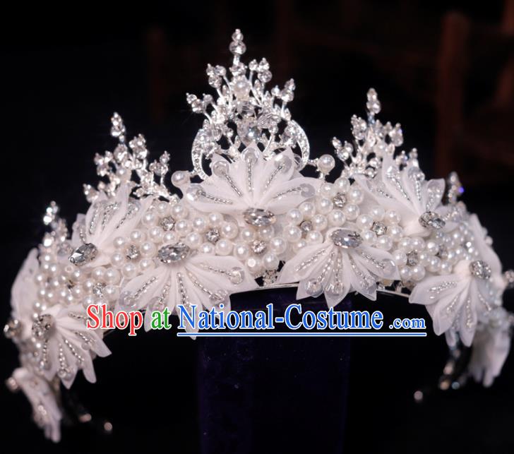 Top Grade Royal Crown Princess Hair Accessories Handmade Wedding Hair Clasp Bride White Silk Flowers Headpiece