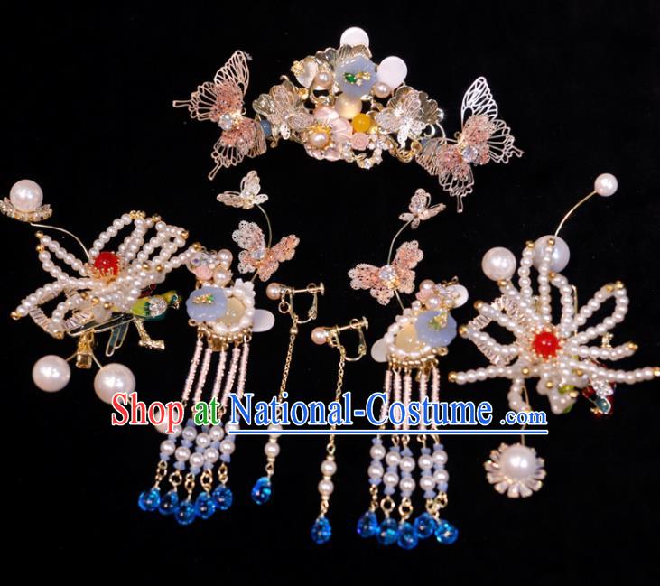 Chinese Ancient Bride Pearls Hairpins and Hair Comb Classical Wedding Hair Accessories Xiuhe Suits Headpieces Handmade Headdress