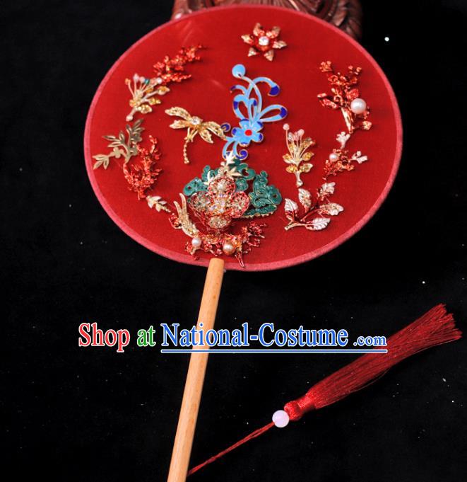 Handmade China Traditional Red Silk Fan Classical Dance Palace Fan Wedding Cloisonne Fan Ancient Bride Circular Fan