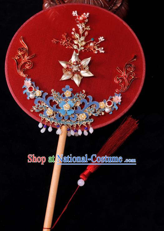 Handmade China Wedding Red Fan Ancient Bride Circular Fan Traditional Silk Fan Classical Dance Palace Fan