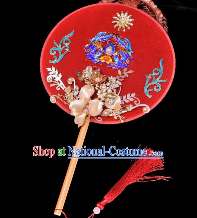 Handmade China Classical Dance Red Palace Fan Wedding Cloisonne Phoenix Fan Ancient Bride Circular Fan Traditional Silk Fan