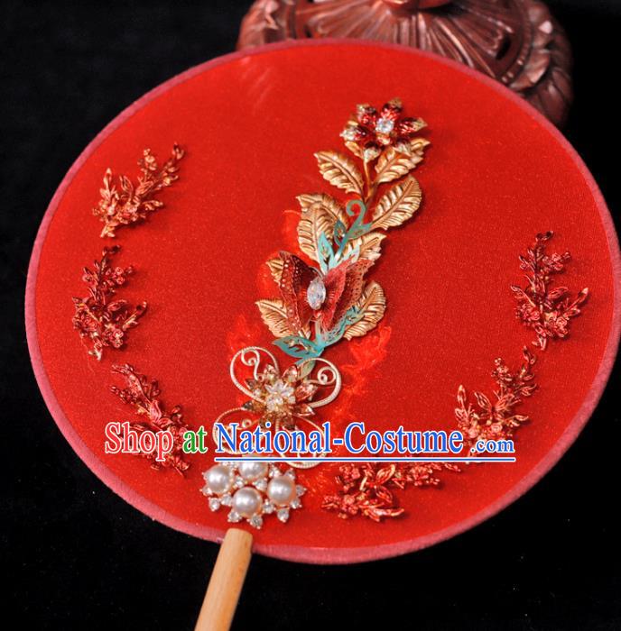 Handmade China Traditional Red Silk Fan Classical Dance Palace Fan Wedding Circular Fan Ancient Bride Fan