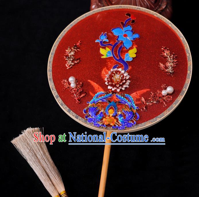 Handmade China Ancient Bride Cloisonne Phoenix Fan Traditional Red Silk Fan Classical Dance Palace Fan Wedding Circular Fan