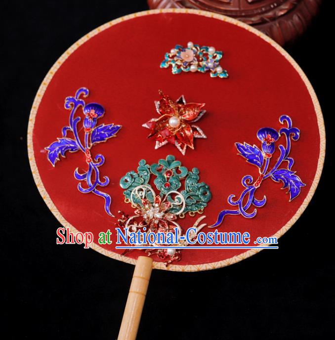 Handmade China Wedding Circular Fan Ancient Bride Cloisonne Fan Traditional Red Silk Fan Classical Dance Palace Fan