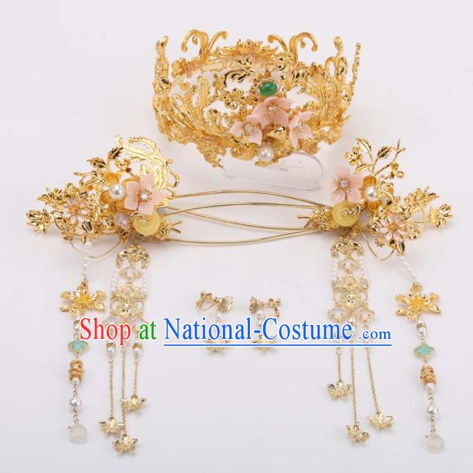 Chinese Handmade Wedding Headdress Ancient Bride Golden Hair Crown and Tassel Hairpins Classical Hair Accessories Xiuhe Suits Phoenix Coronet