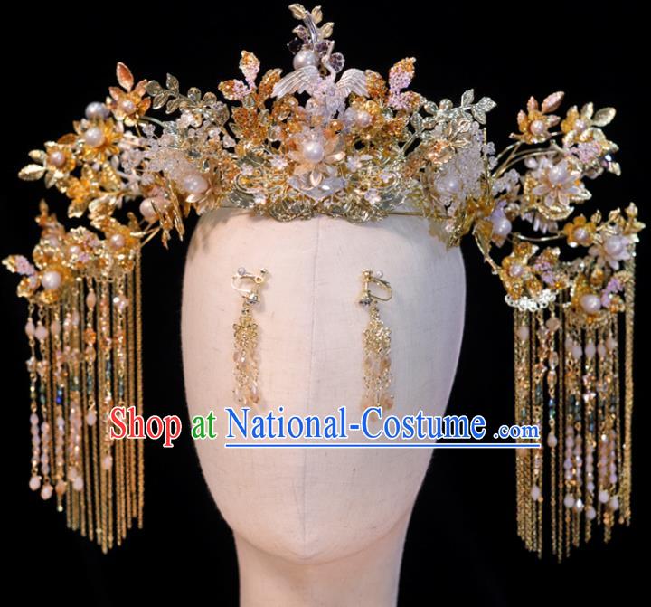 Chinese Xiuhe Suits Tassel Phoenix Coronet Handmade Wedding Headdress Ancient Bride Hair Crown Classical Hair Accessories