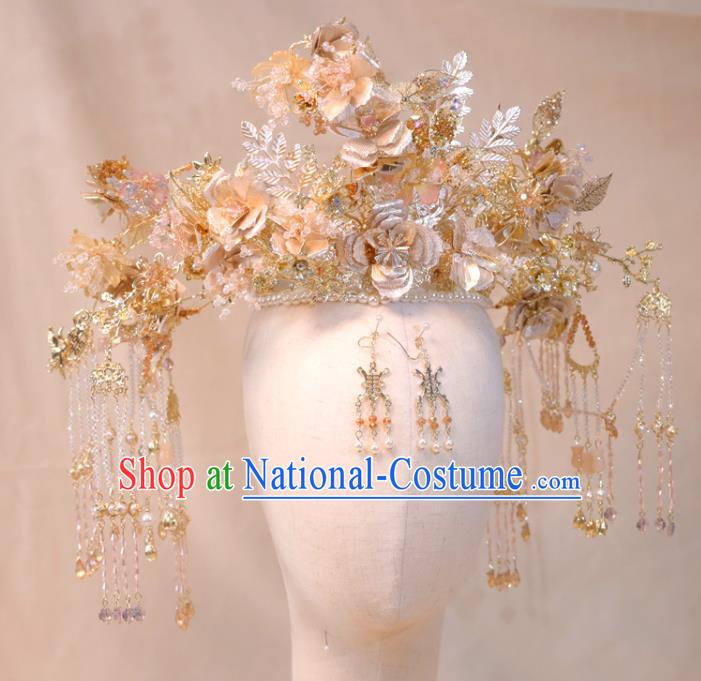 Chinese Ancient Bride Tassel Hair Crown Wedding Hair Accessories Classical Phoenix Coronet Handmade Xiuhe Suits Headdress