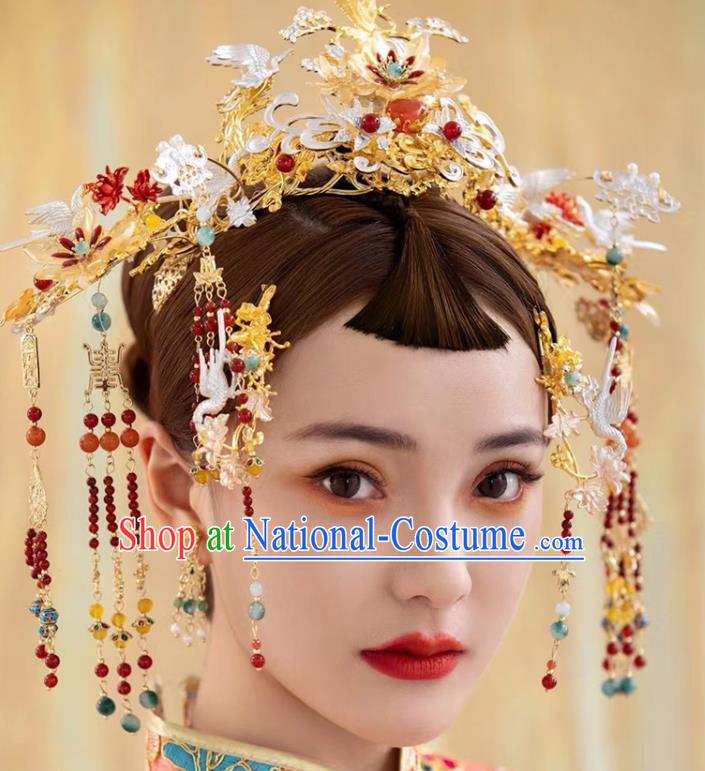 Chinese Handmade Xiuhe Suits Headdress Ancient Bride Golden Hair Crown Wedding Hair Accessories Classical Phoenix Coronet and Hairpins