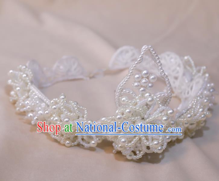 Top Grade Bride Pearls Headpiece Lace Royal Crown Princess Hair Accessories Handmade Wedding Hair Clasp