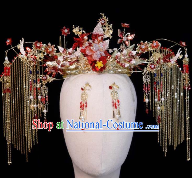 Chinese Classical Red Phoenix Coronet Handmade Xiuhe Suits Headdress Ancient Bride Golden Tassel Hair Crown Wedding Hair Accessories