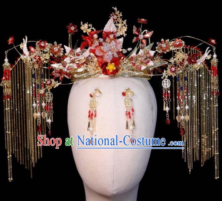 Chinese Classical Red Phoenix Coronet Handmade Xiuhe Suits Headdress Ancient Bride Golden Tassel Hair Crown Wedding Hair Accessories