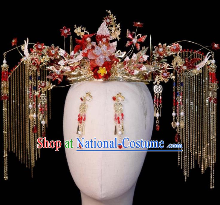 Chinese Classical Red Phoenix Coronet Handmade Xiuhe Suits Headdress Ancient Bride Golden Tassel Hair Crown Wedding Hair Accessories