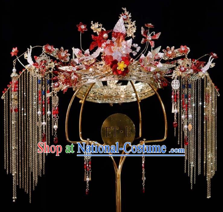 Chinese Classical Red Phoenix Coronet Handmade Xiuhe Suits Headdress Ancient Bride Golden Tassel Hair Crown Wedding Hair Accessories