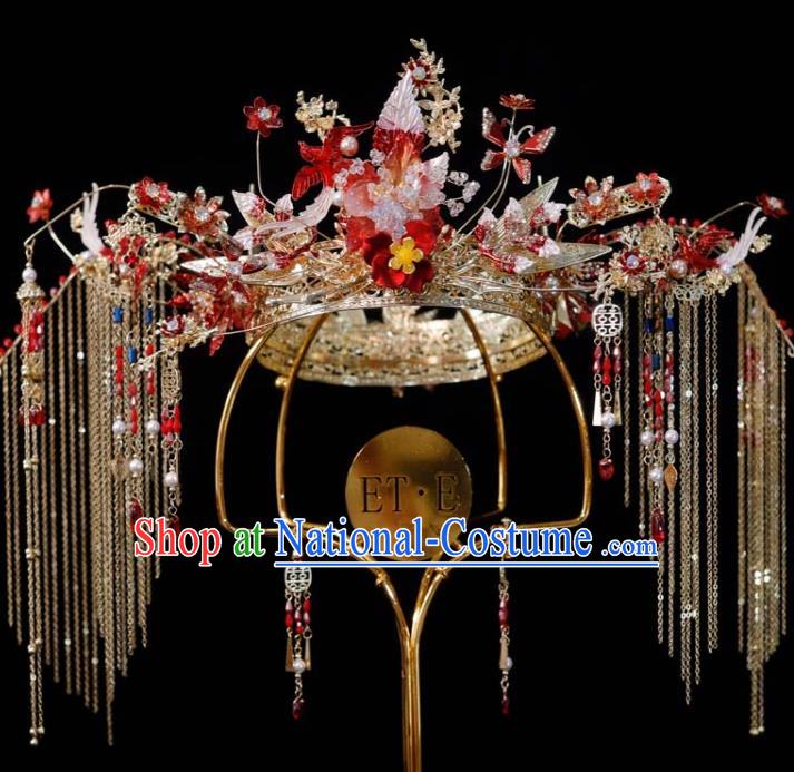 Chinese Classical Red Phoenix Coronet Handmade Xiuhe Suits Headdress Ancient Bride Golden Tassel Hair Crown Wedding Hair Accessories