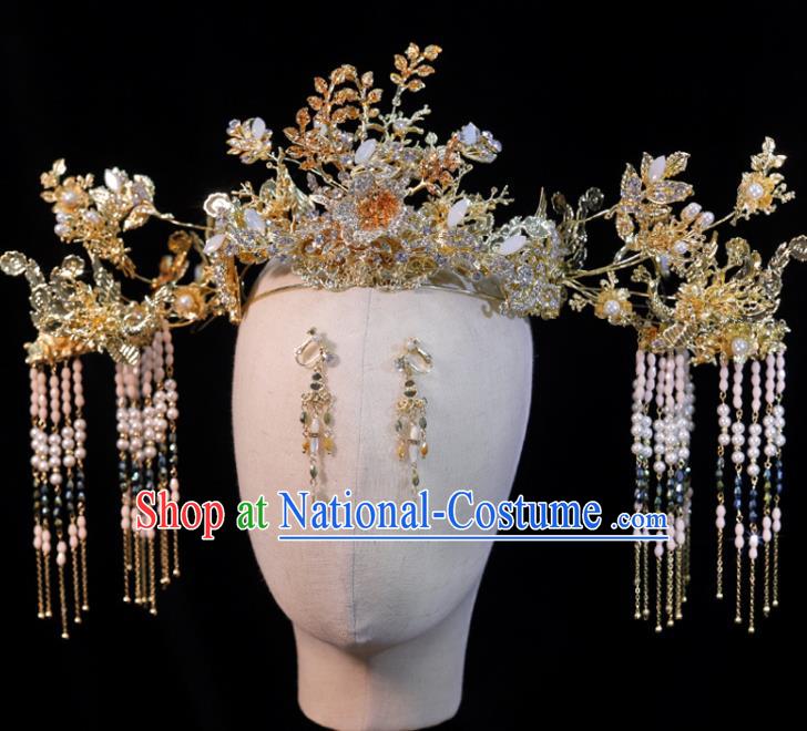 Chinese Classical Hair Accessories Handmade Tassel Phoenix Coronet Ancient Bride Tassel Hair Crown Wedding Headpieces