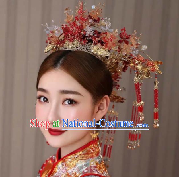 Chinese Handmade Hair Accessories Ancient Bride Red Tassel Hair Crown Wedding Phoenix Coronet Classical Headpieces