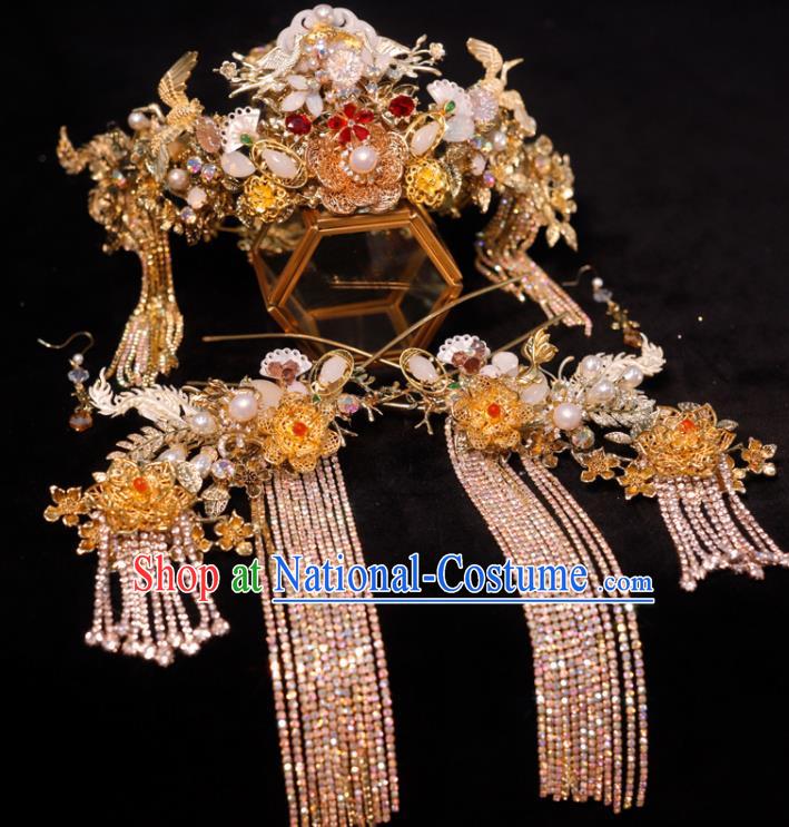 Chinese Ancient Bride Hair Crown and Tassel Hairpins Xiuhe Suits Headdress Handmade Phoenix Coronet Classical Wedding Hair Accessories