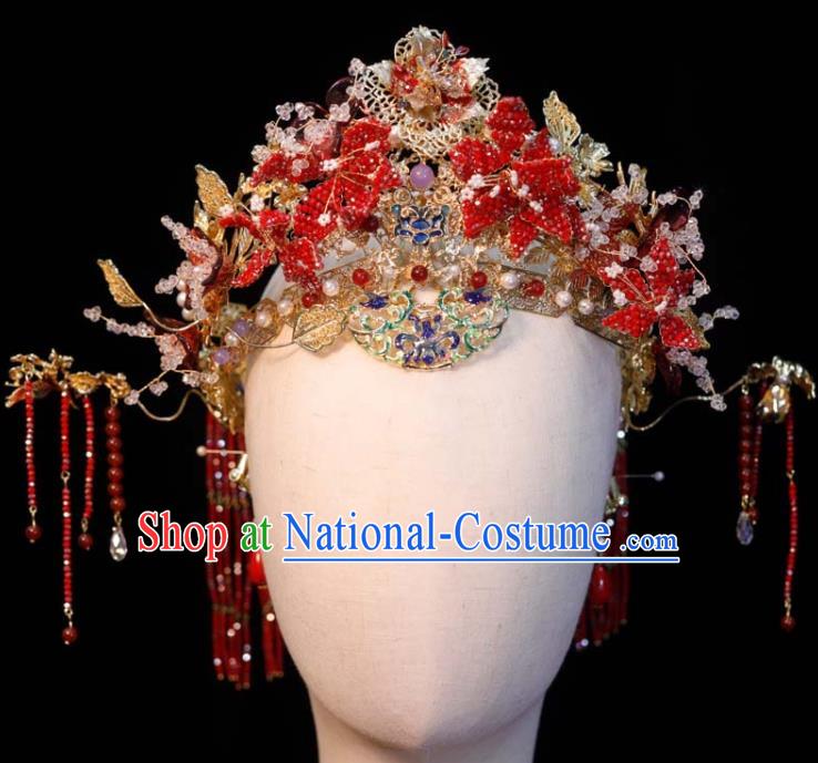 Chinese Ancient Bride Red Tassel Hair Crown and Hairpins Classical Phoenix Coronet XiuHe Headdress Handmade Wedding Hair Accessories