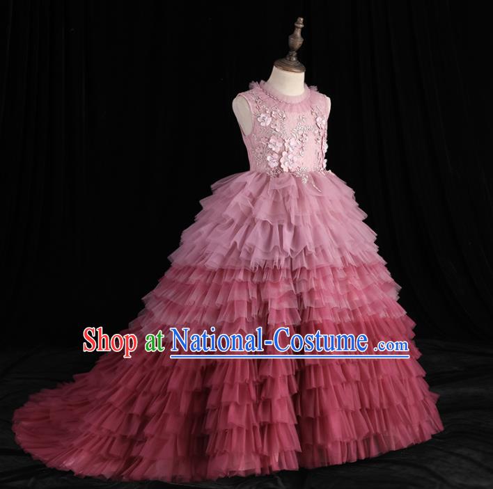 Top Girl Princess Performance Fashion Garment Children Stage Show Formal Clothing Catwalks Pink Veil Trailing Evening Dress