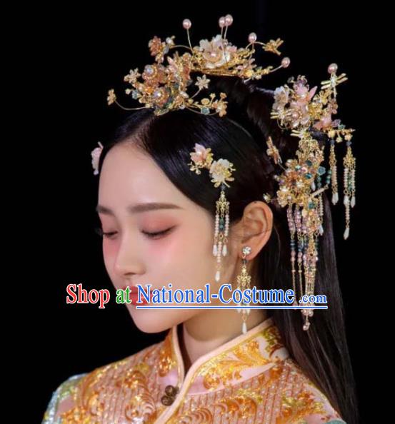 Chinese XiuHe Pearls Headpieces Handmade Wedding Hair Accessories Ancient Bride Hair Crown Classical Tassel Hairpins