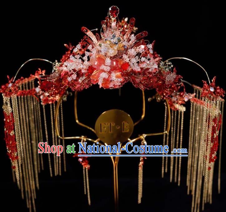 Chinese Ancient Bride Red Hair Crown Wedding Tassel Phoenix Coronet Classical Headpieces Handmade Hair Accessories