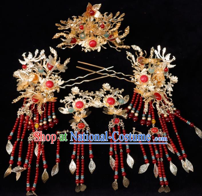 Chinese Ancient Bride Golden Hair Comb Classical Red Beads Tassel Hairpins XiuHe Headpieces Handmade Wedding Hair Accessories