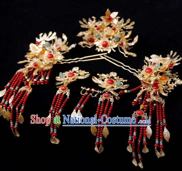 Chinese Ancient Bride Golden Hair Comb Classical Red Beads Tassel Hairpins XiuHe Headpieces Handmade Wedding Hair Accessories