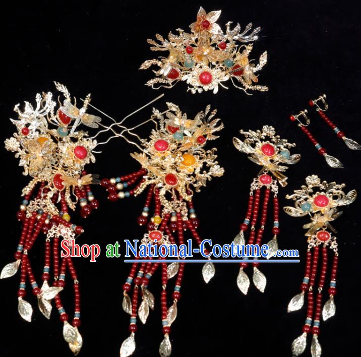 Chinese Ancient Bride Golden Hair Comb Classical Red Beads Tassel Hairpins XiuHe Headpieces Handmade Wedding Hair Accessories