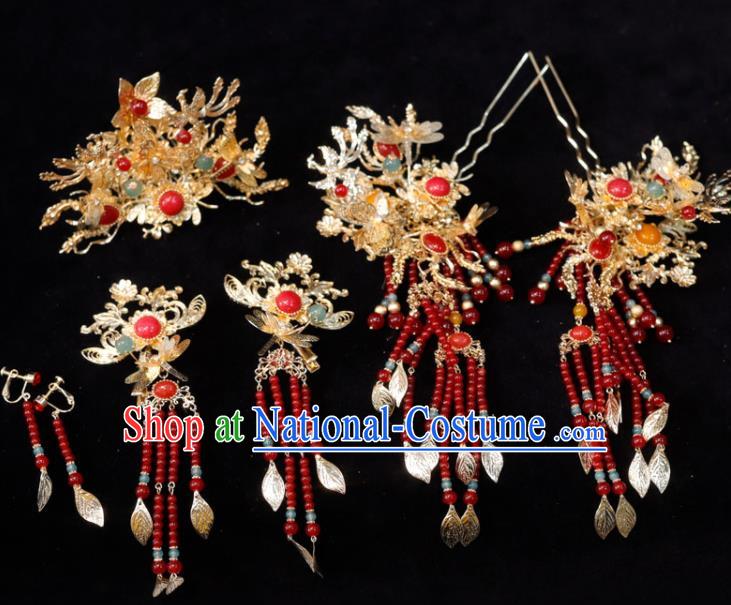 Chinese Ancient Bride Golden Hair Comb Classical Red Beads Tassel Hairpins XiuHe Headpieces Handmade Wedding Hair Accessories