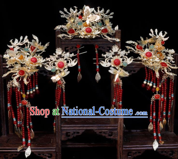 Chinese Ancient Bride Golden Hair Comb Classical Red Beads Tassel Hairpins XiuHe Headpieces Handmade Wedding Hair Accessories