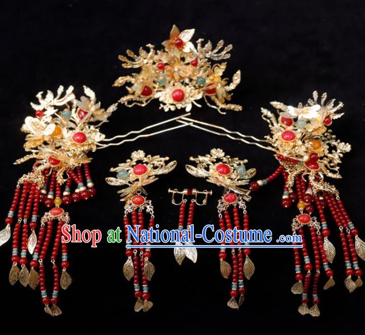 Chinese Ancient Bride Golden Hair Comb Classical Red Beads Tassel Hairpins XiuHe Headpieces Handmade Wedding Hair Accessories