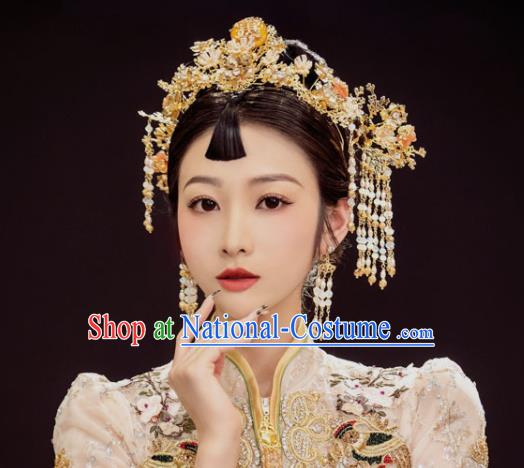 Chinese Handmade Wedding Hair Accessories Ancient Bride Golden Phoenix Coronet Classical Tassel Hairpins XiuHe Headpieces