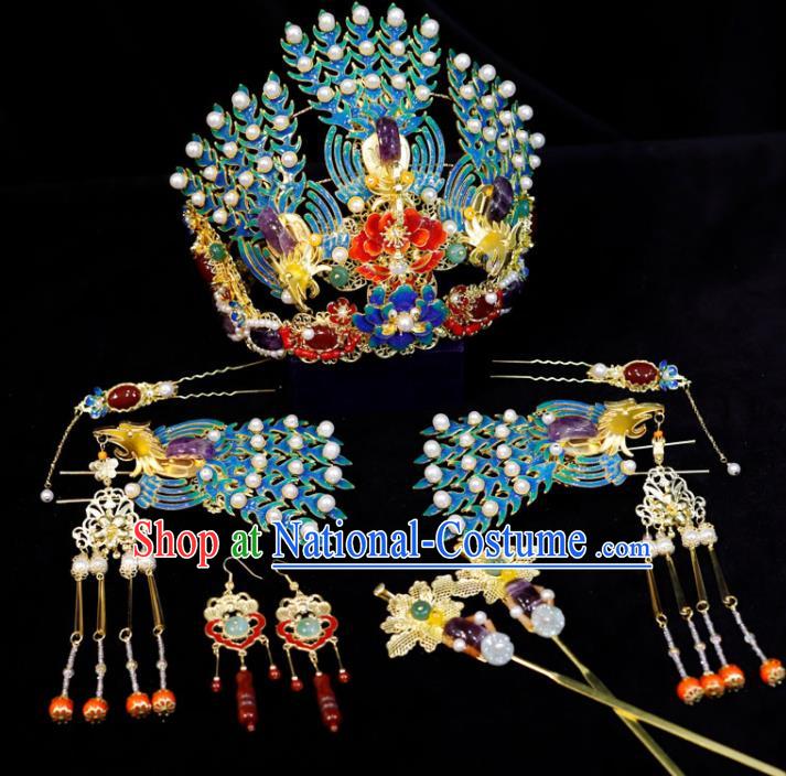 Chinese Wedding Hair Accessories Ancient Bride Enamel Phoenix Coronet Classical Amethyst Hairpins Handmade Qing Dynasty Queen Headdress