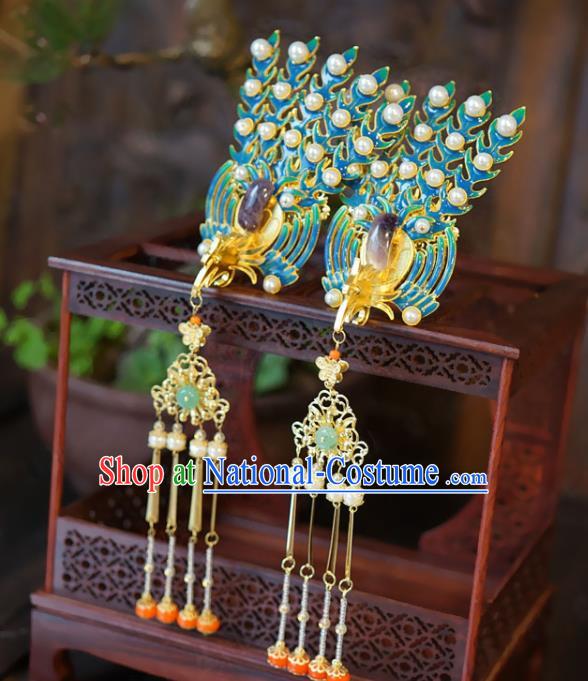 Chinese Wedding Hair Accessories Ancient Bride Enamel Phoenix Coronet Classical Amethyst Hairpins Handmade Qing Dynasty Queen Headdress