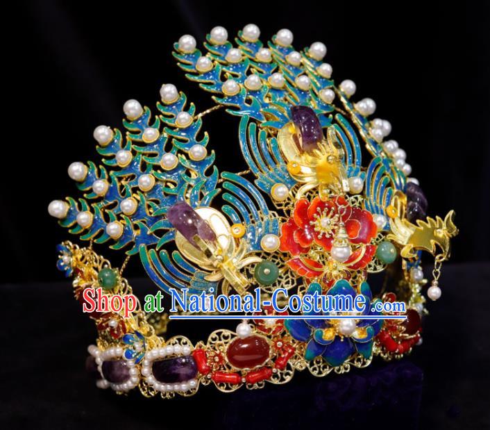 Chinese Handmade Qing Dynasty Queen Headdress Wedding Hair Accessories Ancient Bride Enamel Phoenix Coronet Classical Amethyst Hair Crown