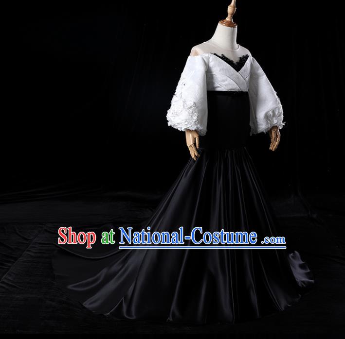 Top Catwalks Compere Black Trailing Evening Dress Girl Performance Fashion Garment Children Stage Show Formal Clothing