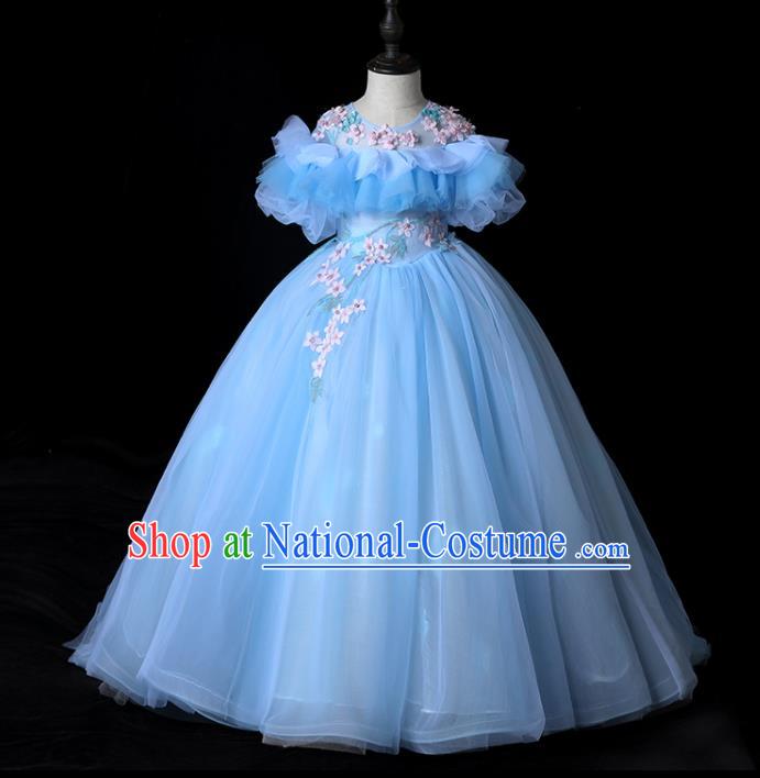 Top Children Flower Fairy Formal Clothing Catwalks Compere Blue Veil Evening Dress Girl Performance Fashion Garment