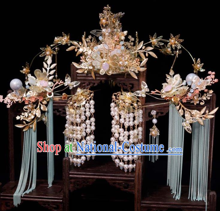 Chinese Handmade Wedding Hair Accessories Ancient Bride Hair Crown and Tassel Hairpins Classical Phoenix Coronet XiuHe Headpieces