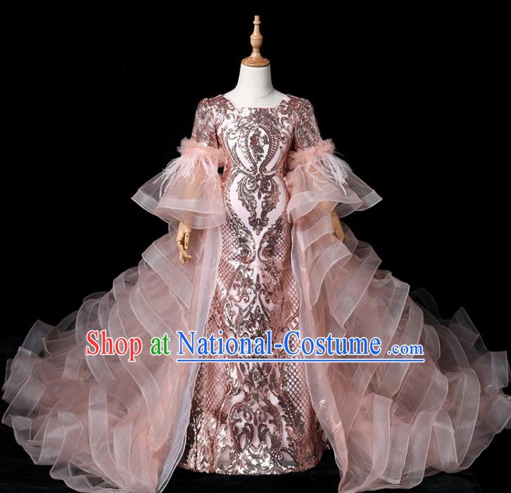 Top Baroque Girl Princess Fashion Garment Children Stage Show Formal Clothing Catwalks Pink Trailing Evening Dress