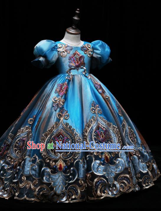 Top Catwalks Embroidered Blue Evening Dress Baroque Girl Princess Fashion Garment Children Stage Show Formal Clothing