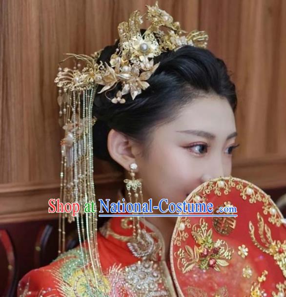 Chinese XiuHe Headpieces Handmade Wedding Hair Accessories Ancient Bride Hair Crown Classical Golden Phoenix Coronet