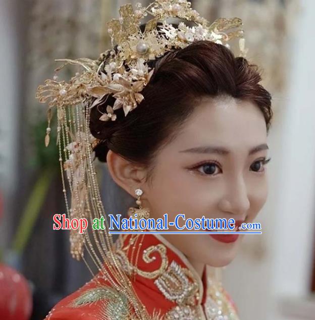 Chinese XiuHe Headpieces Handmade Wedding Hair Accessories Ancient Bride Hair Crown Classical Golden Phoenix Coronet