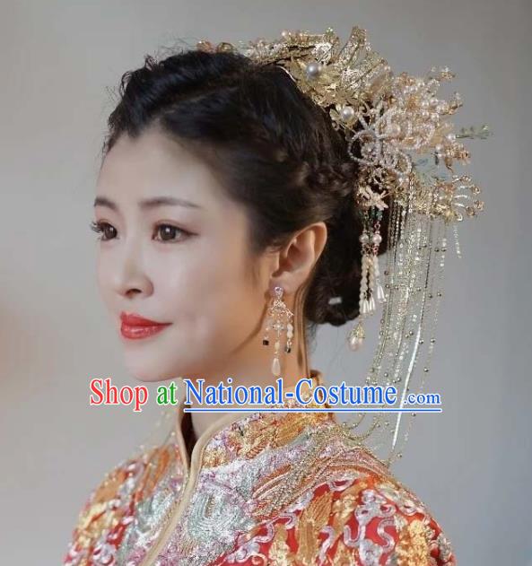 Chinese XiuHe Headpieces Handmade Wedding Hair Accessories Ancient Bride Hair Crown Classical Golden Phoenix Coronet